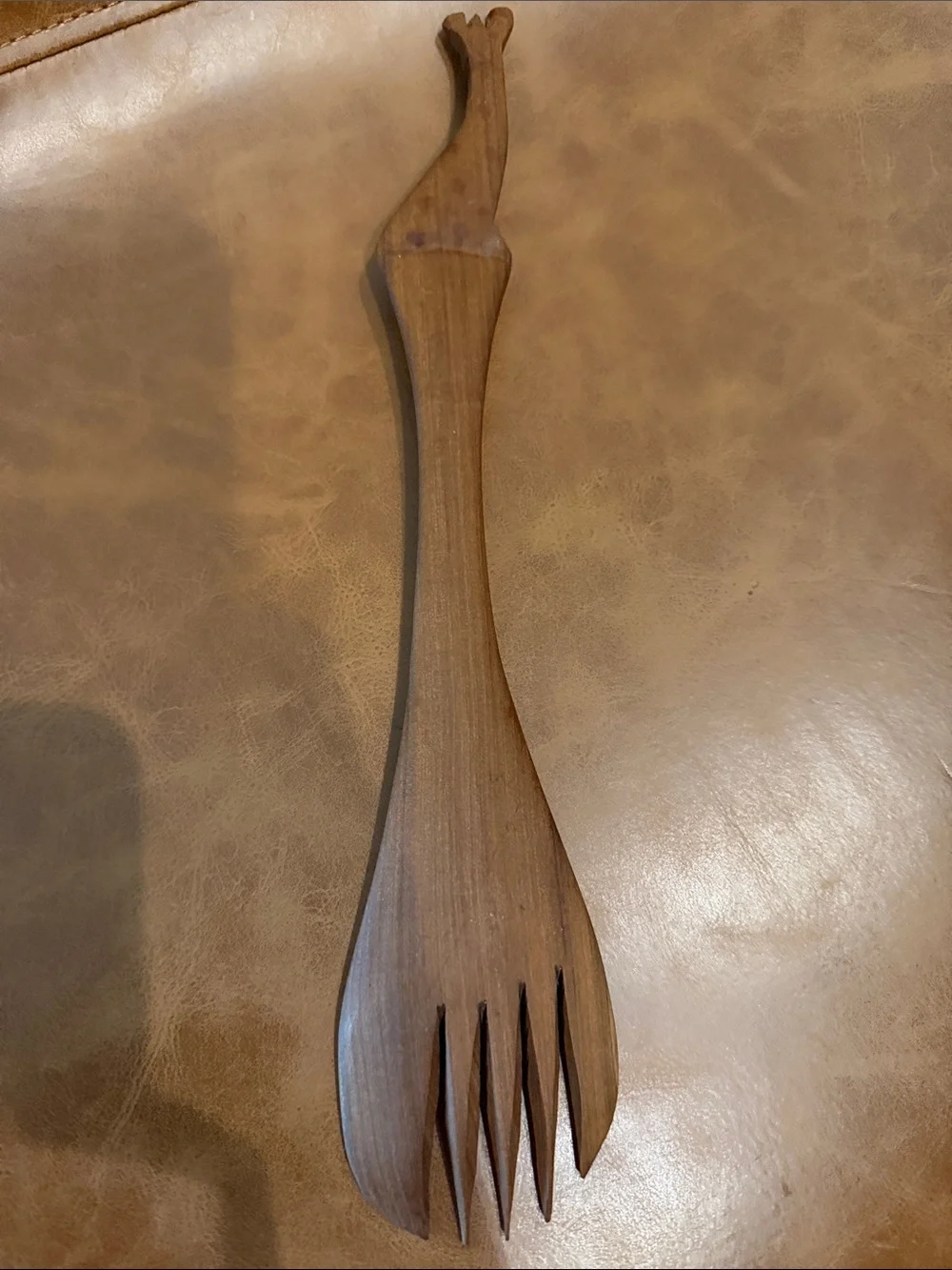 Hand Carved Wooden Salad Server with Giraffe Handle - Brown